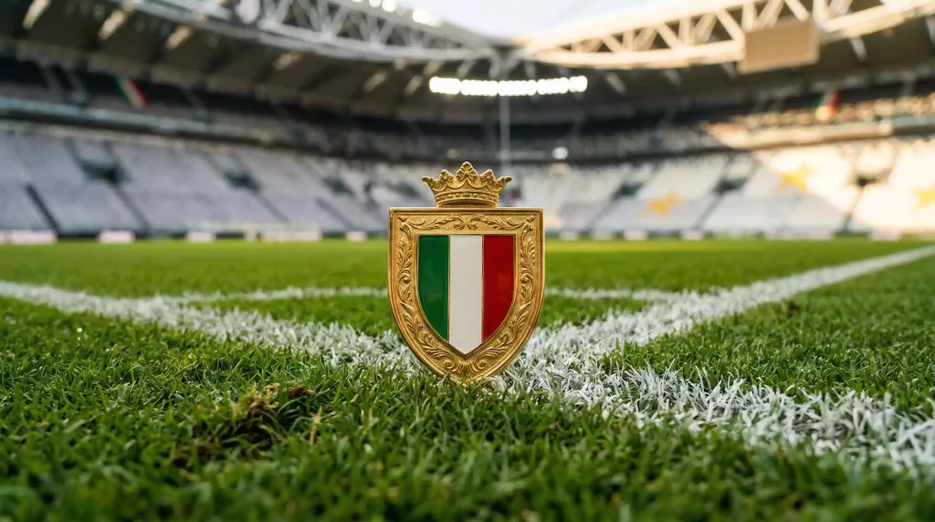 Trofeo del Scudetto de la Serie A sobre el césped de un campo de fútbol italiano con líneas de cal visibles