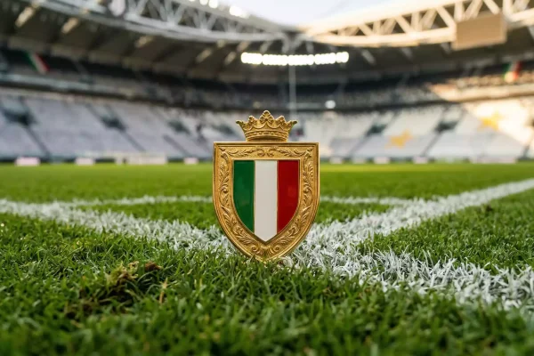 Trofeo del Scudetto de la Serie A sobre el césped de un campo de fútbol italiano con líneas de cal visibles