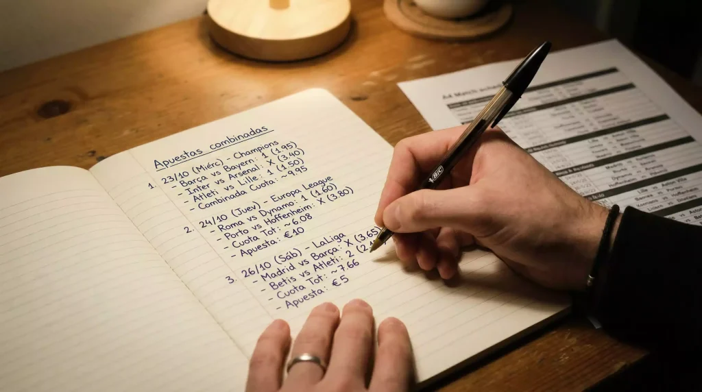 Mano sosteniendo un bolígrafo sobre una hoja con anotaciones de apuestas y estadísticas de fútbol