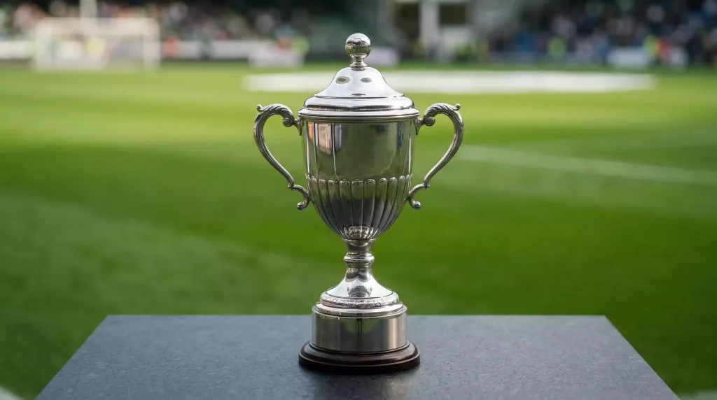 Trofeo de la Coppa Italia sobre una vitrina deportiva con fondo verde de césped artificial