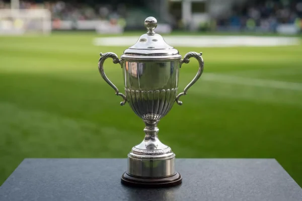 Trofeo de la Coppa Italia sobre una vitrina deportiva con fondo verde de césped artificial