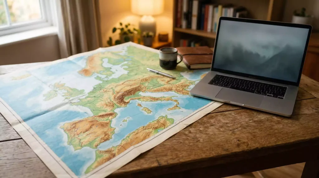 Mapa de Europa con España e Italia destacados sobre un escritorio con un portátil abierto