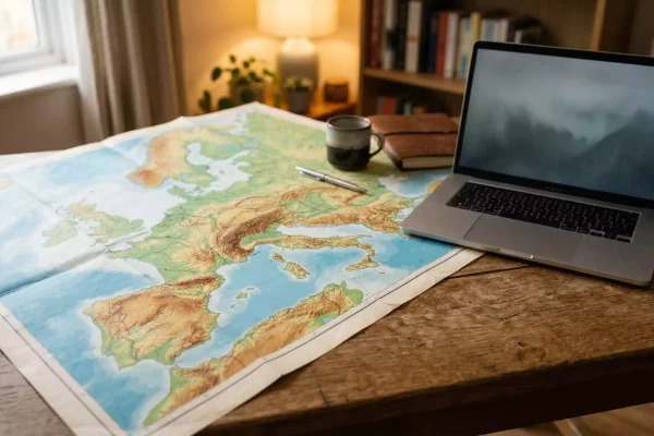 Mapa de Europa con España e Italia destacados sobre un escritorio con un portátil abierto