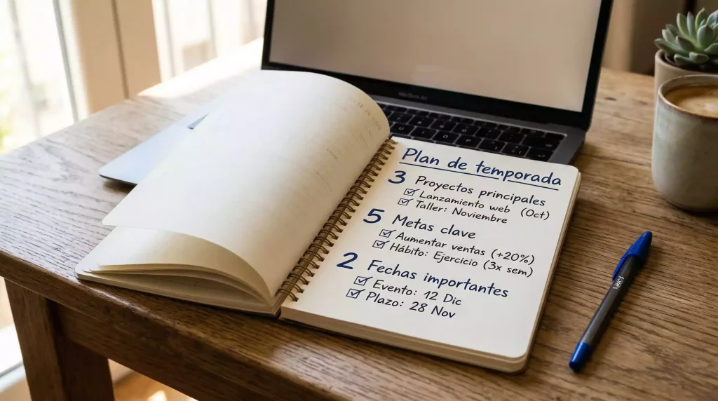 Calendario deportivo abierto sobre un escritorio con un bolígrafo y anotaciones junto a un portátil