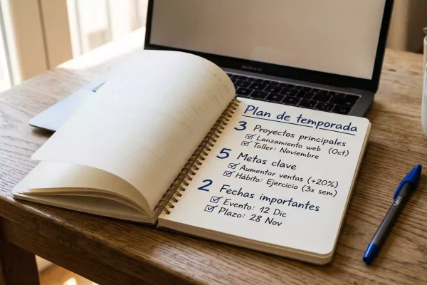 Calendario deportivo abierto sobre un escritorio con un bolígrafo y anotaciones junto a un portátil