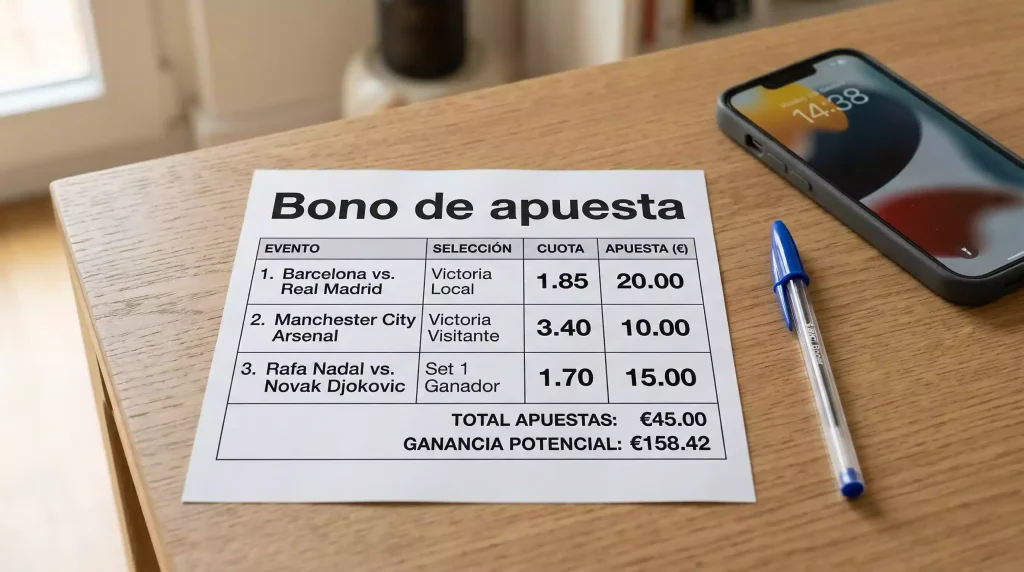 Ticket de apuesta deportiva sobre una mesa junto a un bolígrafo y un teléfono móvil