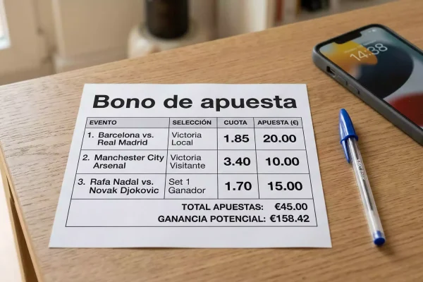 Ticket de apuesta deportiva sobre una mesa junto a un bolígrafo y un teléfono móvil