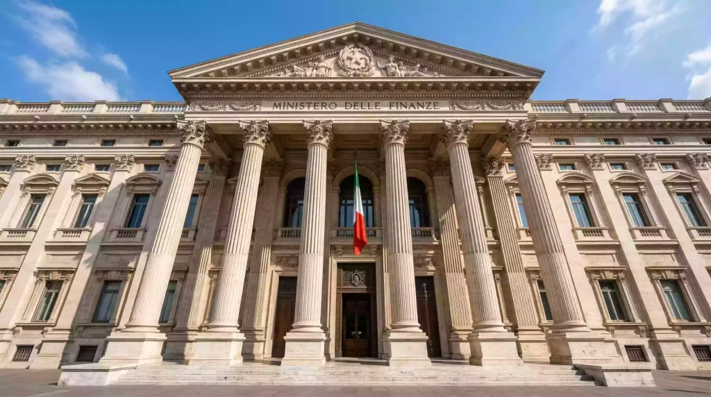 Fachada de un edificio gubernamental italiano con columnas clásicas y bandera tricolor