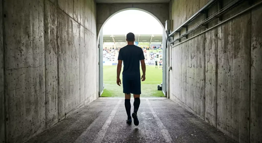 Jugador de fútbol con equipación deportiva caminando por el túnel de vestuarios hacia el campo