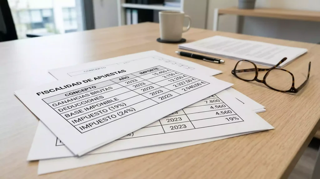 Documentos fiscales y una calculadora sobre un escritorio de oficina con gafas de lectura