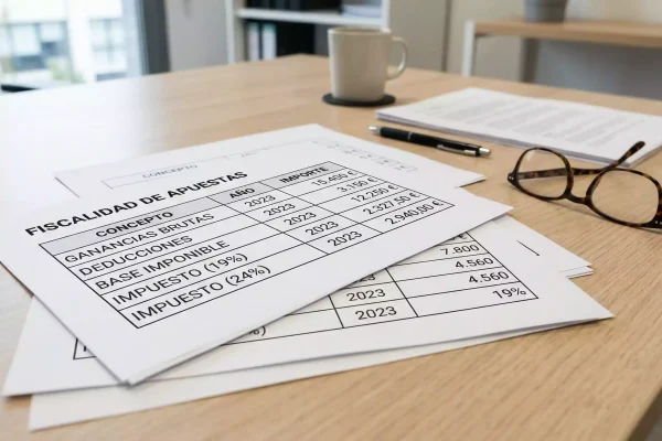 Documentos fiscales y una calculadora sobre un escritorio de oficina con gafas de lectura