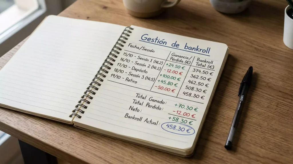 Cuaderno de notas abierto con anotaciones numéricas y un bolígrafo sobre un escritorio ordenado