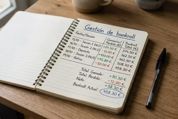 Cuaderno de notas abierto con anotaciones numéricas y un bolígrafo sobre un escritorio ordenado