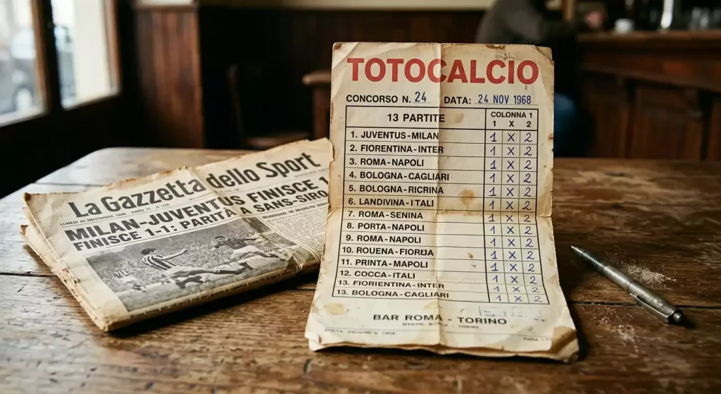 Boleto antiguo del Totocalcio italiano sobre una mesa de madera junto a un periódico deportivo vintage