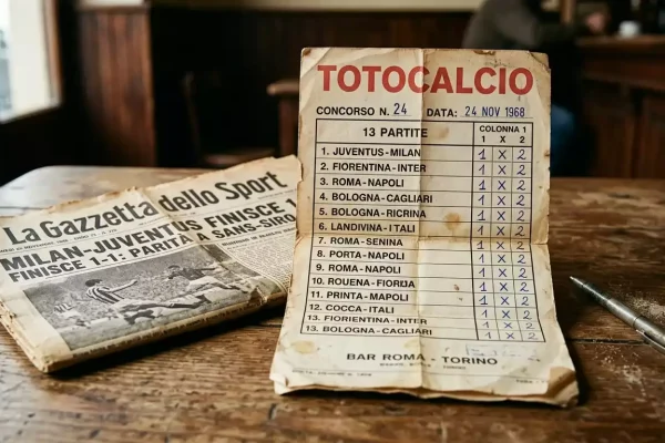 Boleto antiguo del Totocalcio italiano sobre una mesa de madera junto a un periódico deportivo vintage