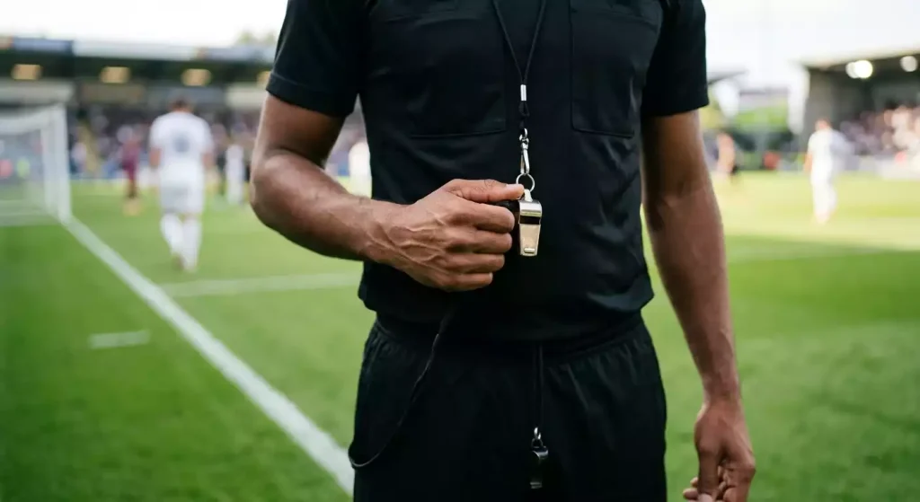 Árbitro de fútbol sosteniendo un silbato en un campo de juego con líneas de cal sobre césped verde