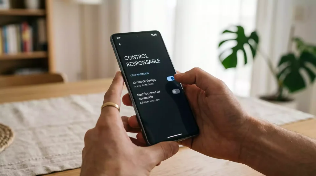 Manos de una persona usando un teléfono móvil con la pantalla mostrando un formulario de configuración