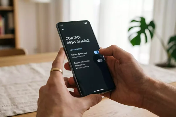 Manos de una persona usando un teléfono móvil con la pantalla mostrando un formulario de configuración