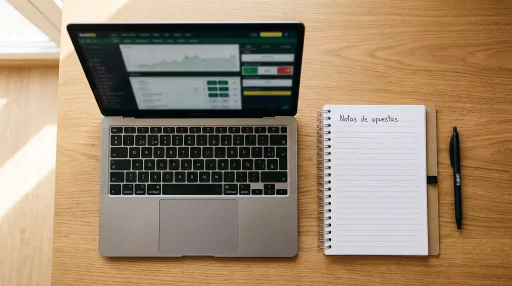 Escritorio con un portátil abierto mostrando cuotas de apuestas junto a un cuaderno de notas y un bolígrafo
