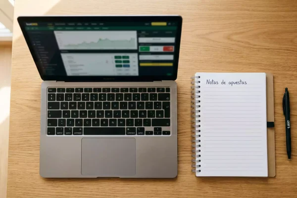 Escritorio con un portátil abierto mostrando cuotas de apuestas junto a un cuaderno de notas y un bolígrafo