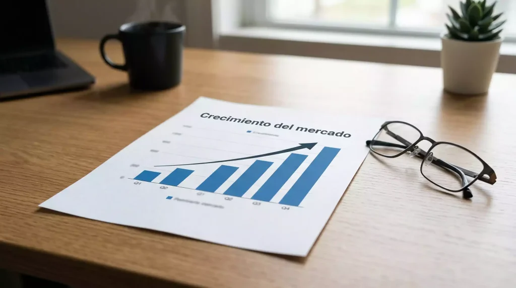 Gráfico de barras ascendente impreso en papel sobre un escritorio de oficina con datos financieros