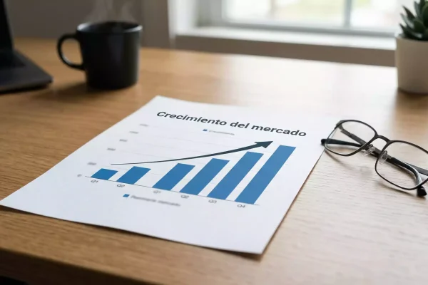 Gráfico de barras ascendente impreso en papel sobre un escritorio de oficina con datos financieros