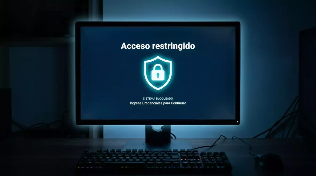 Pantalla de ordenador con un candado digital sobre un fondo oscuro representando ciberseguridad