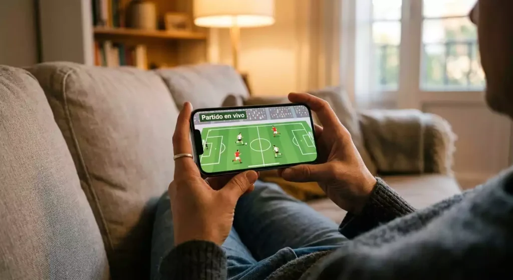 Persona usando un teléfono móvil para ver un partido de fútbol en streaming desde un sofá