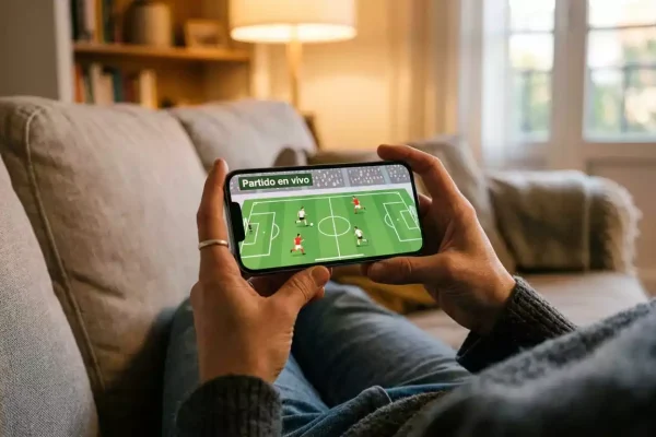 Persona usando un teléfono móvil para ver un partido de fútbol en streaming desde un sofá
