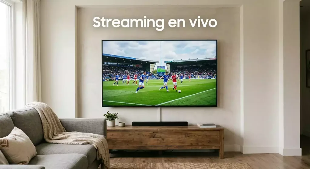 Televisor de pantalla grande mostrando un partido de fútbol en directo en un salón doméstico