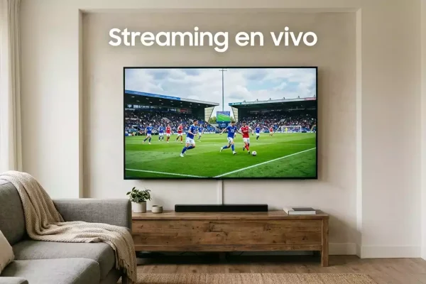 Televisor de pantalla grande mostrando un partido de fútbol en directo en un salón doméstico