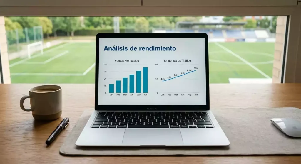 Pantalla de ordenador portátil mostrando gráficos estadísticos con un campo de fútbol de fondo