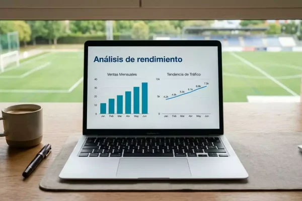 Pantalla de ordenador portátil mostrando gráficos estadísticos con un campo de fútbol de fondo